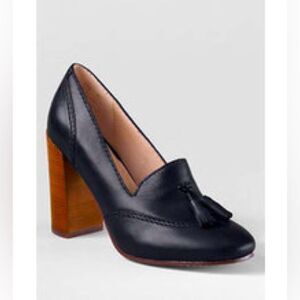 Lands End Stowe High Heel Tassle Shoes Black Leather Pumps Block Heel Womens 9.5